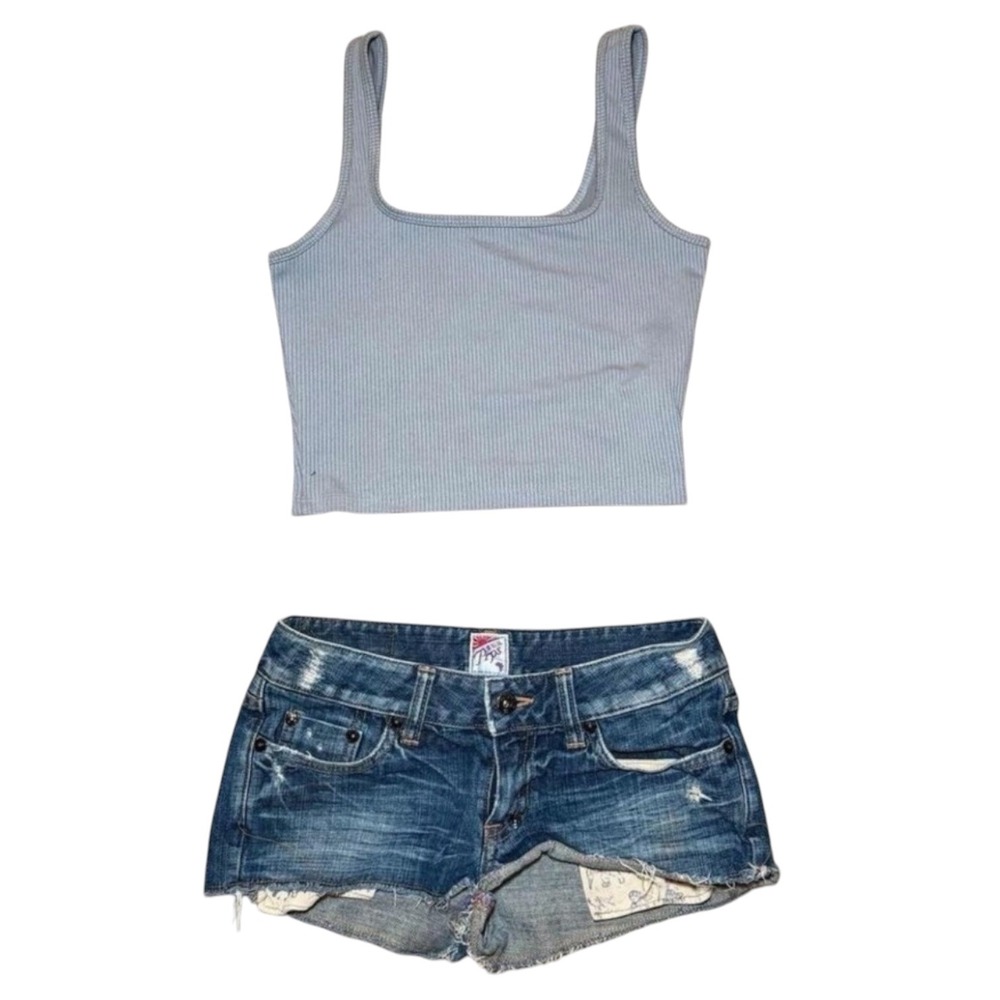 Hollister Ribbed Square Neck Crop Tank‎ Top In Steel Blue Y2K